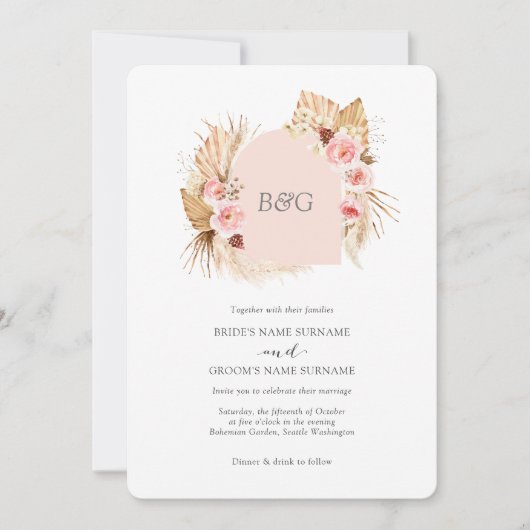 Boho arch pampas graszoet roze initiaal bruiloft kaart (Voorkant)