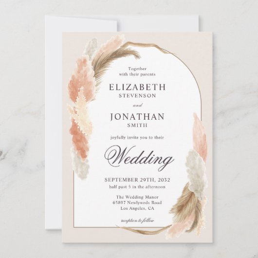 Boho arch pampas moderne huwelijksuitnodiging kaart (Voorkant)