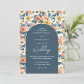 Boho arch perzik geel en crème wilde bloemen kaart (Staand voorkant)