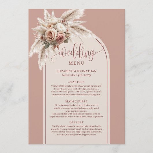 Boho Arch Powder Pink Pampas Floral Wedding Menu (Voorkant)
