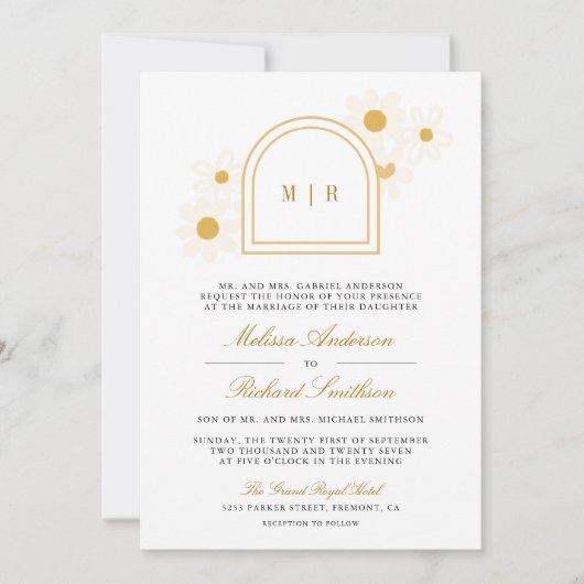 Boho Arch Retro Yellow Daisy All in One Wedding Kaart (Voorkant)
