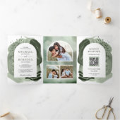 Boho Arch Sage Green Brush Strokes QR Code Weddens Drieluik Uitnodiging (Binnen)