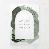 Boho Arch Sage Green Brush Strokes QR Code Weddens Drieluik Uitnodiging (Cover)