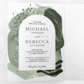 Boho Arch Sage Green Brush Strokes QR Code Weddens Drieluik Uitnodiging (Binnenzijde eerst)