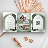 Boho Arch Sage Groene Kwaststreken QR Code Trouwen Drieluik Uitnodiging