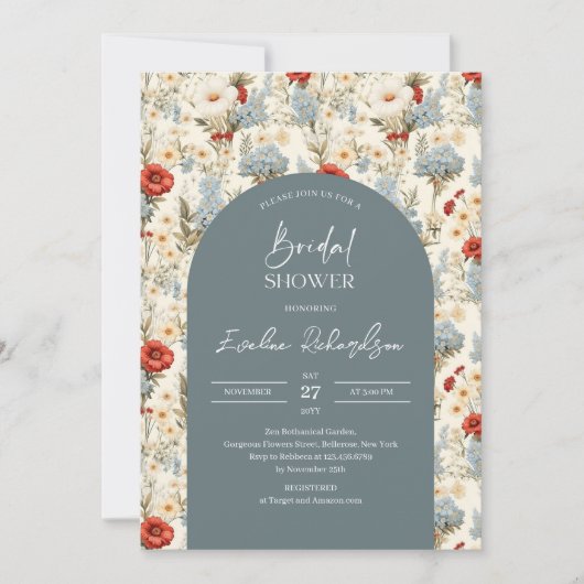 Boho arch stoffige blauwe en bordeauxrode wilde bl kaart (Voorkant)