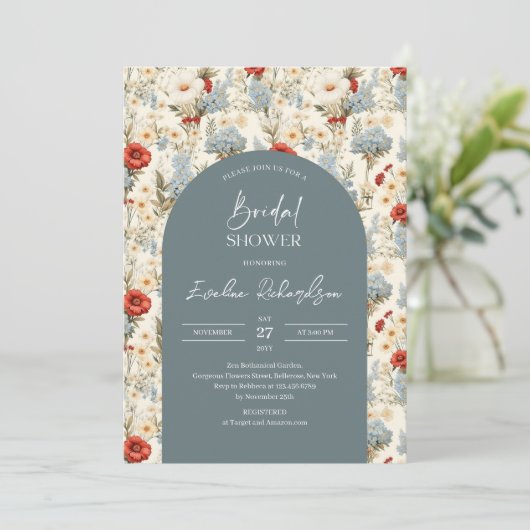 Boho arch stoffige blauwe en bordeauxrode wilde bl kaart (Staand voorkant)