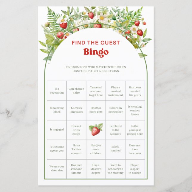 Boho Arch Strawberry Vind het gast Bingo spel (Voorkant)