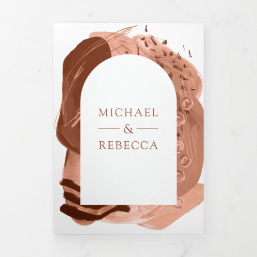 Boho Arch Terracotta Brush Strokes QR Code Weddens Drieluik Uitnodiging (Cover)