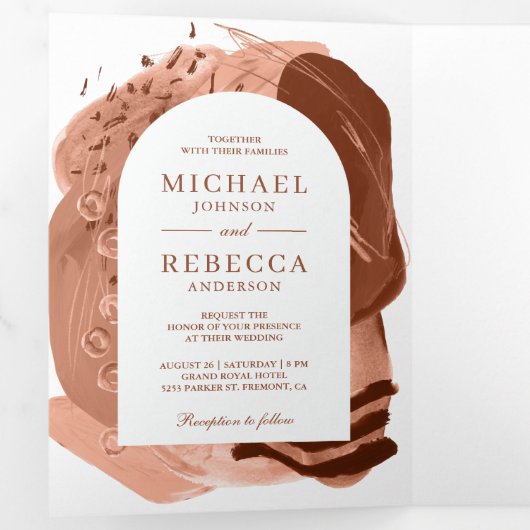 Boho Arch Terracotta Brush Strokes QR Code Weddens Drieluik Uitnodiging (Binnenzijde eerst)
