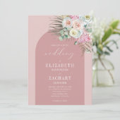 Boho Arch Tropical Floral Dusty Roos Wedding Kaart (Staand voorkant)