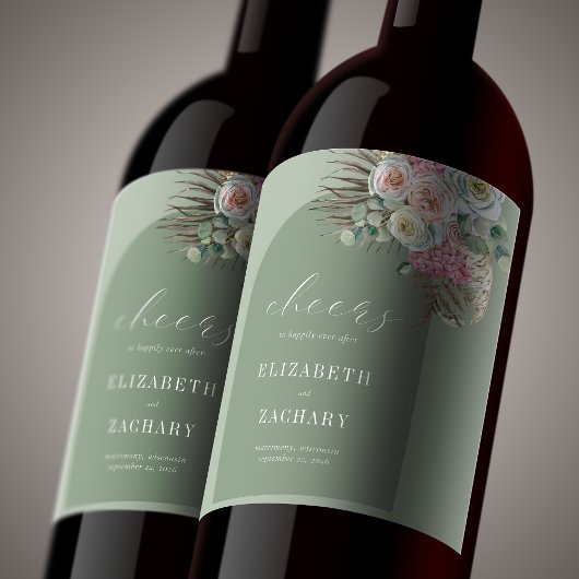 Boho Arch Tropical Floral Sage Green Wedding Wijn Etiket