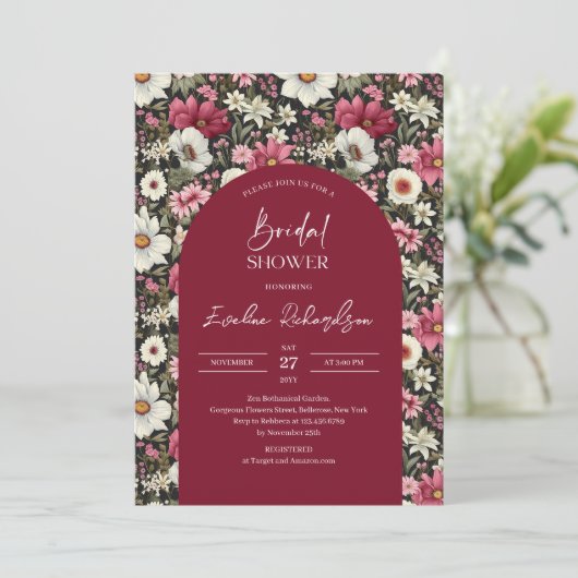 Boho arch waterverf bordeaux & blos wilde bloemen kaart (Staand voorkant)