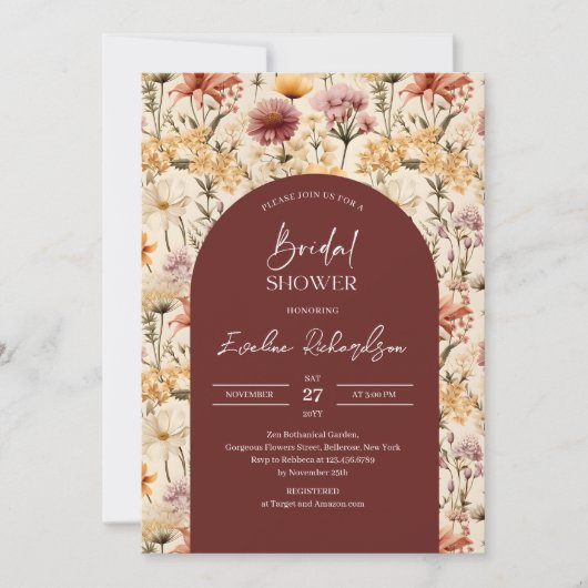 Boho arch waterverf bordeaux geel wilde bloemen kaart (Voorkant)