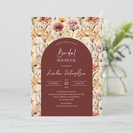 Boho arch waterverf bordeaux geel wilde bloemen kaart (Staand voorkant)