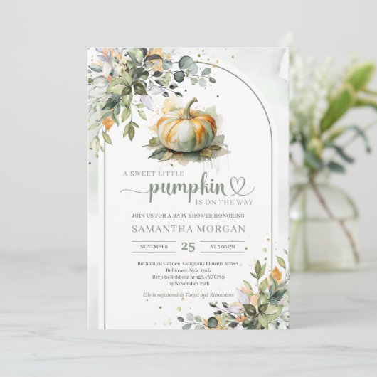 Boho arch waterverf groene pompoen eucalyptus goud kaart (Staand voorkant)