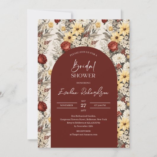 Boho arch waterverf karmozijnrood geel wilde bloem kaart (Voorkant)