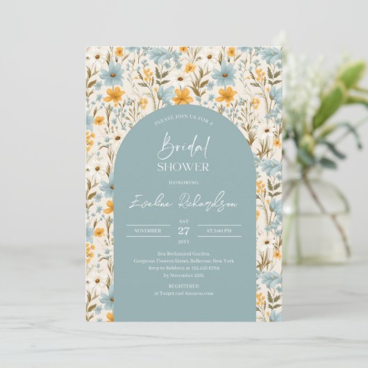 Boho arch waterverf lichtblauw geel wilde bloemen kaart (Staand voorkant)