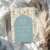 Boho arch waterverf lichtblauw geel wilde bloemen kaart