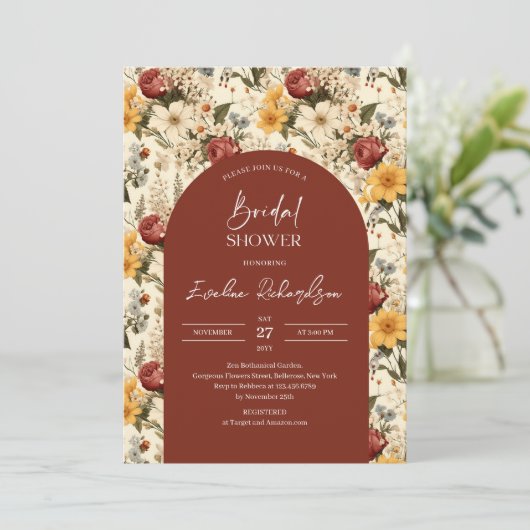 Boho arch waterverf terracotta geel wilde bloemen kaart (Staand voorkant)