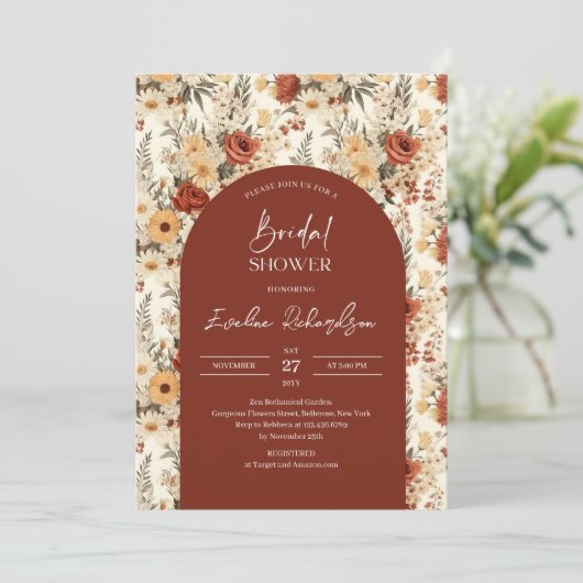 Boho arch waterverf terracotta geel wilde bloemen kaart (Staand voorkant)
