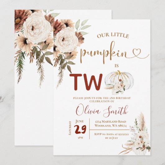 Boho Arch White Pumpkin 2e verjaardag Pampas Grass Kaart (Voorkant / Achterkant)