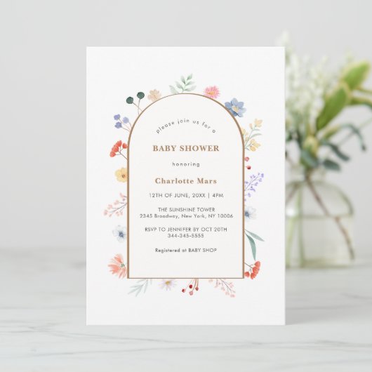 Boho Arch Wildflower Bloemen Lijst Baby shower Kaart (Staand voorkant)