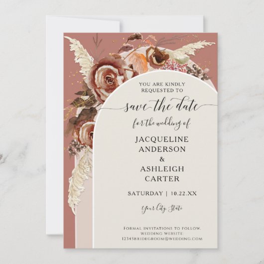 BOHO Arched BOHO Elegant Herfst Floral Pampas Gras Save The Date (Voorkant)