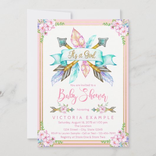 Boho Arrow Feather Girl Baby Shower-uitnodigingen Kaart (Voorkant)