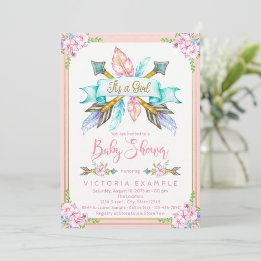Boho Arrow Feather Girl Baby Shower-uitnodigingen Kaart (Staand voorkant)