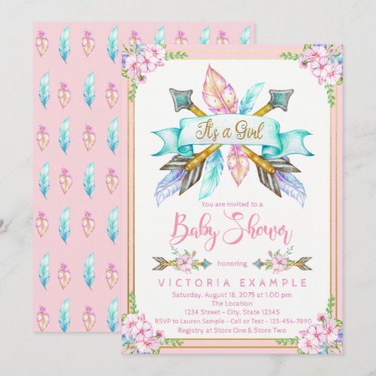 Boho Arrow Feather Girl Baby Shower-uitnodigingen Kaart (Voorkant / Achterkant)