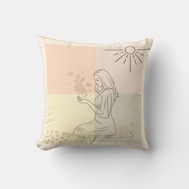 Boho Art Style Design Meisje met Bloem Gooi Pil Kussen (Voorkant)