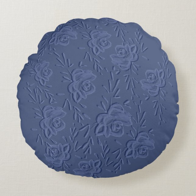Boho  Artistic Blue Flowers Rond Kussen (Voorkant)