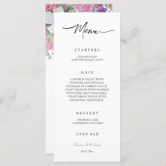 Boho Artistic Fairy Floral Garden Waterverf Menu (Voorkant / Achterkant)