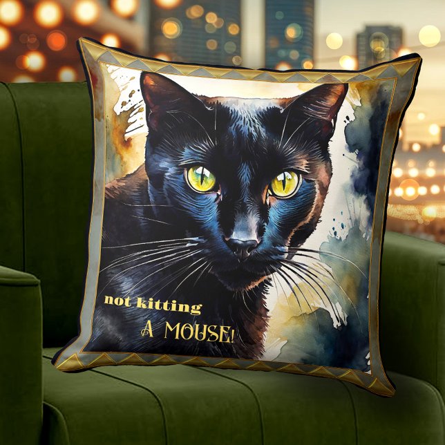 Boho Artistieke Grappige Kat Dierlijke Kunst Kussen (Boho artistic funny cat lovers pillow featuring a watercolor painting of a cute black cat)