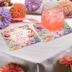 Boho Aster Bloemen Bloem 80ste Verjaardagsfeestje Kartonnen Onderzetters