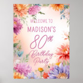 Boho Aster Flowers Floral 80th Birthday Party Poster (Voorkant)