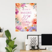 Boho Aster Flowers Floral 80th Birthday Party Poster (Thuiskantoor)