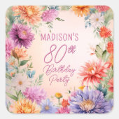 Boho Aster Flowers Floral 80th Birthday Party Vierkante Sticker (Voorkant)