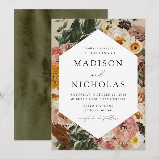 Boho Autumn Floral Geometric Lijst Wedding Kaart (Voorkant / Achterkant)