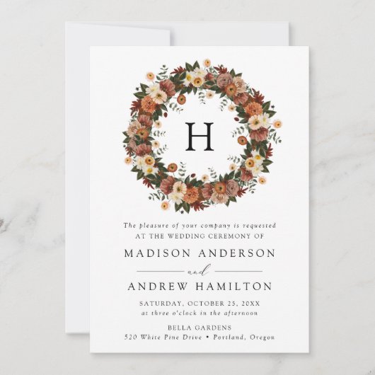 Boho Autumn Floral Monogram Wedding Kaart (Voorkant)