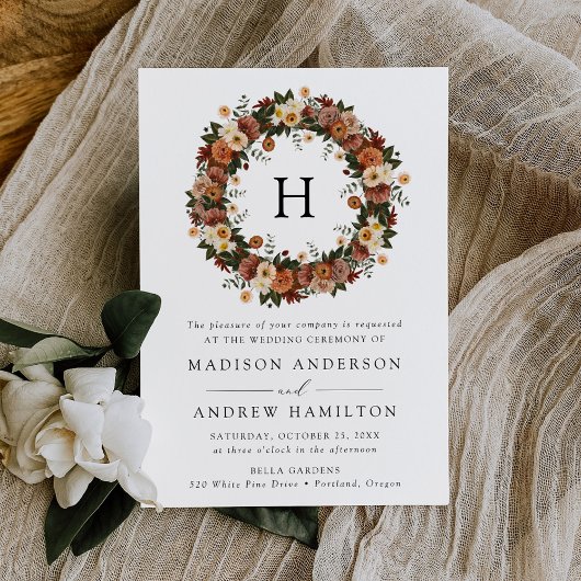 Boho Autumn Floral Monogram Wedding Kaart