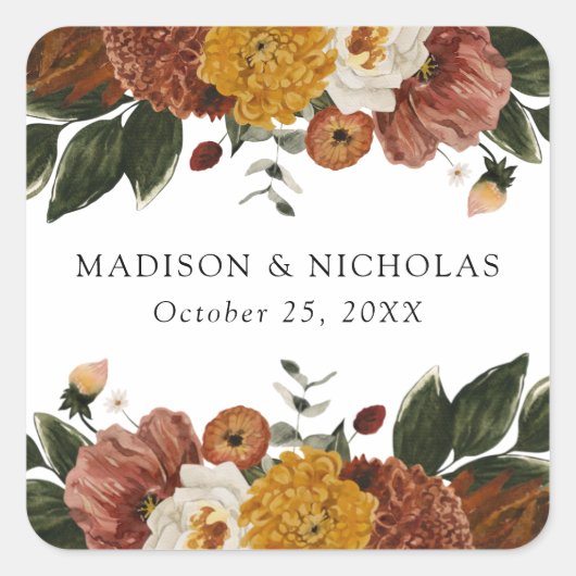 Boho Autumn Floral Personalized Wedding Vierkante Sticker (Voorkant)