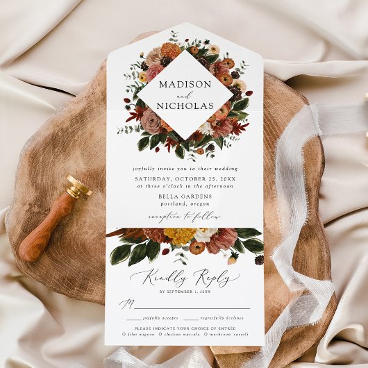Boho Autumn Floral Wedding All In One Uitnodiging