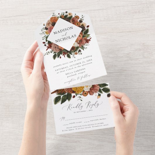 Boho Autumn Floral Wedding All In One Uitnodiging (Afscheurbaar)