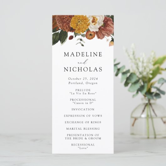 Boho Autumn Floral Wedding Ceremony Programmakaart (Staand voorkant)