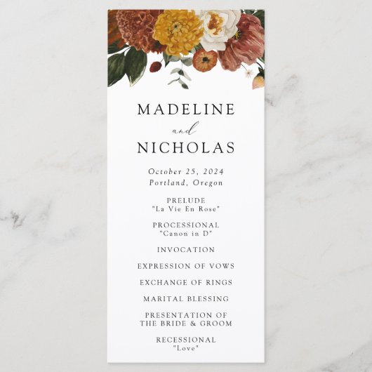 Boho Autumn Floral Wedding Ceremony Programmakaart (Voorkant)
