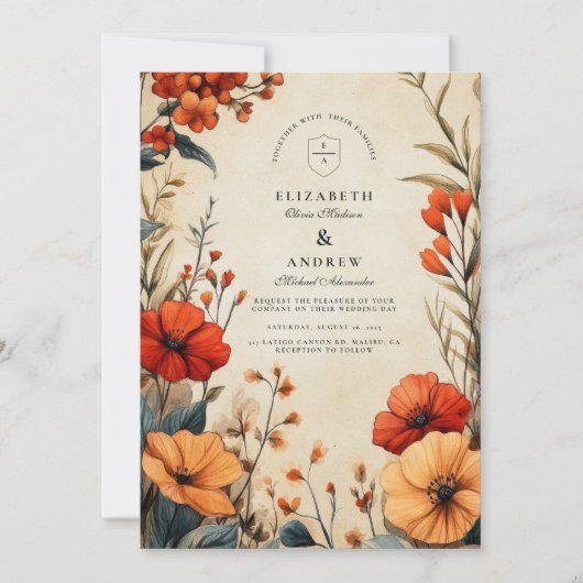 Boho Autumn Floral Wedding Kaart (Voorkant)
