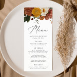 Boho Autumn Floral Wedding Menu<br><div class="desc">Het rustige herfsttrouwmenu met een bovenste rand van waterverf bloemen en groen in gemuteerde herfstkleuren van ivoor, sinaasappel, mosterdgoud, olijfgroen, stoffig roos en bruin. Personaliseer met uw namen, trouwdatum, en menuinformatie. De achterkant van het menu van de herfst van de florale bruiloft is voorzien van een rijke olijfgroene waterverf. Ontworpen...</div>