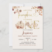 Boho Autumn Pumpkin Floral First Birthday Invite Kaart (Voorkant)